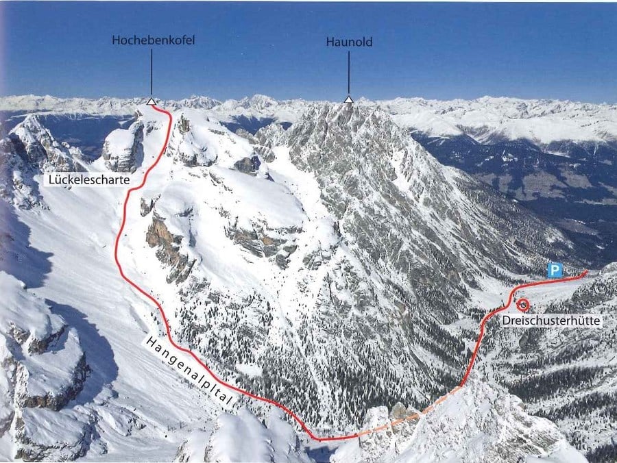 Route of the ski tour to the Hochebenkofel in the Sesto Dolomites | Hotel Alpenblick